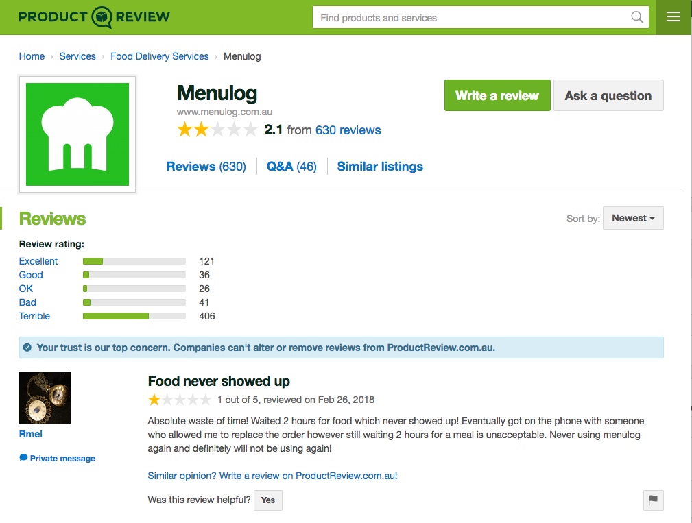 Problem with new Menulog website
